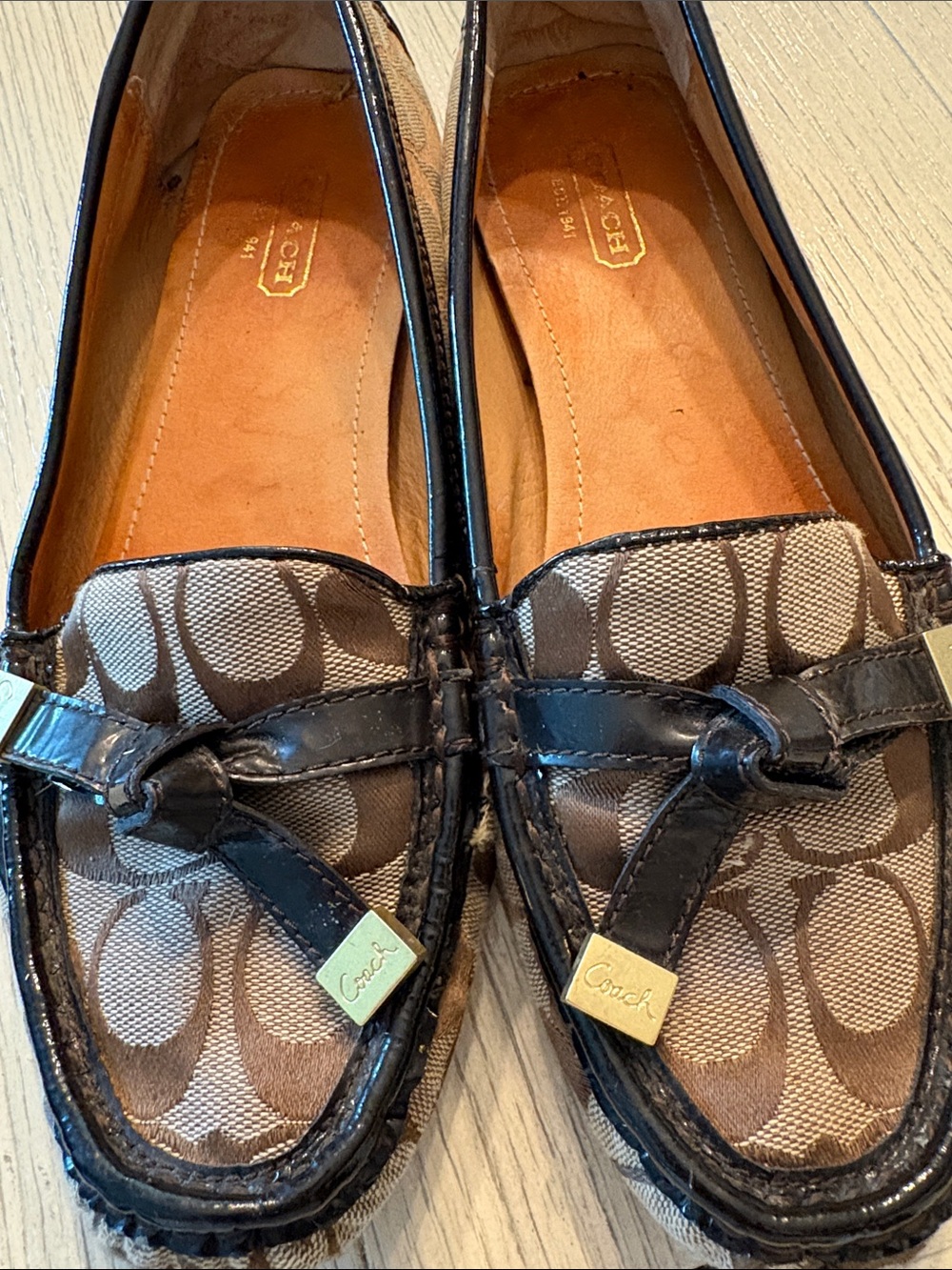 Coach Brown Signature Canvas Loafers with Black Patent Trim